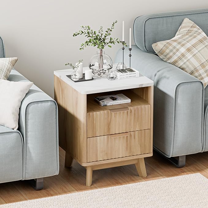 Fluted Nightstand Set of 2, 18" Modern Bed Night Stand with Faux Marble Top, 2 Drawers, Open Storage Shelf, Living Room End Table, Curved Edge Bedside Table for Bedroom, Natural Oak