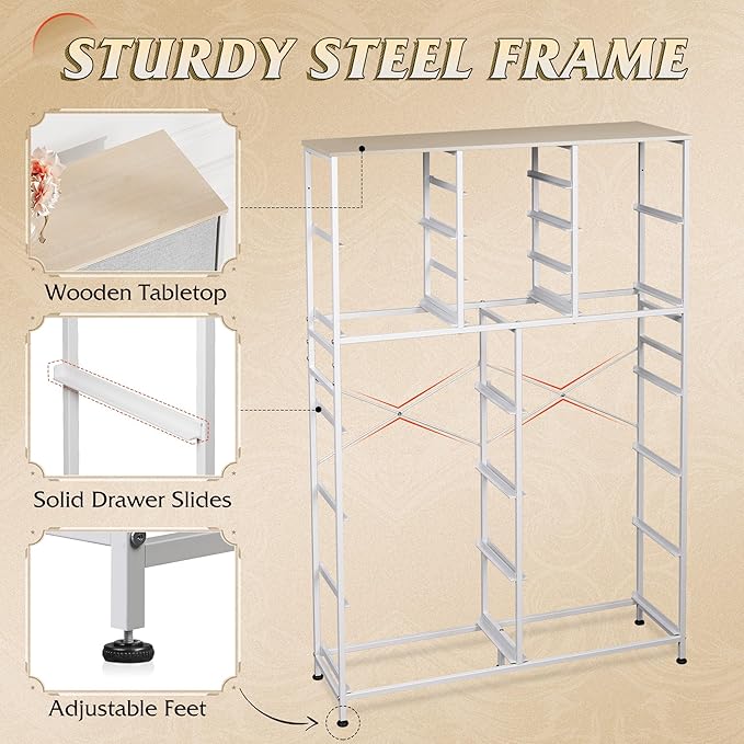 WLIVE Tall Console Table with 16 Fabric Drawers, Entryway Table with Storage, Large Storage Organizer with Wood Top, Steel Frame for Living Room, Hallway, Office, Light Grey