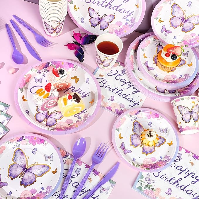 400 Pieces Butterfly Disposable Party Tableware Sets Including Plates Cups Napkins Cutlery Serves 50 for Butterfly-themed Party Birthday Baby Shower Girls Party Decorations