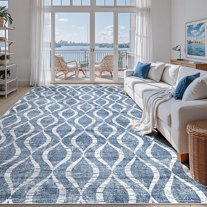 WITSHOCK 9x12 Area Rugs: Washable Non-Slip Soft Geometric Boho Print Pattern Large Thin Indoor Rug for Living Room Bedroom Dining Room, Carpet for Nursery Playroom Decor, Kid & Pet Friendly, Blue