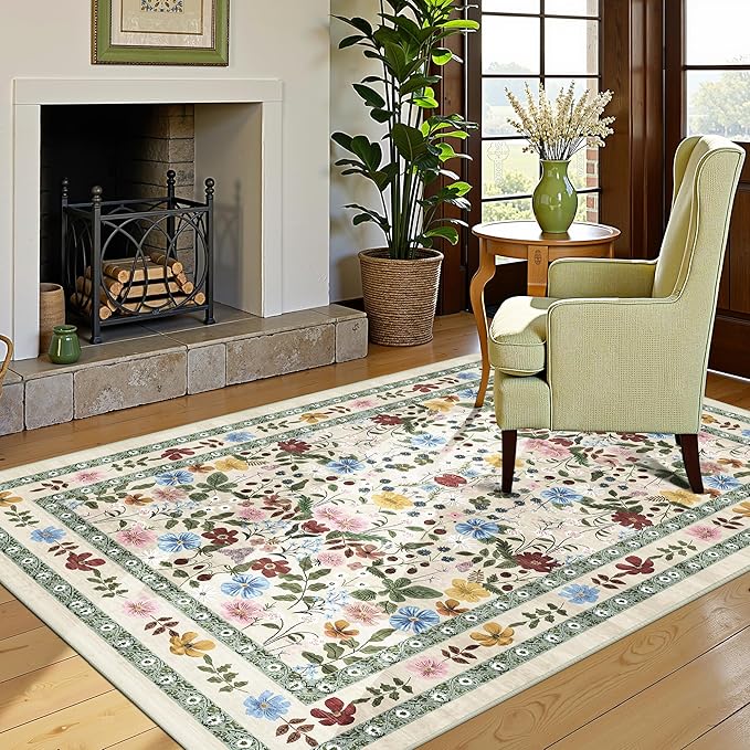 Floral Area Rugs 4x6 Washable Living Room Bedroom Carpet - Vintage Boho Thin Non-Slip Soft Low Pile Floor Mat Indoor Home Decor for Dining Room Playroom Farmhouse, Beige/Green/Multi