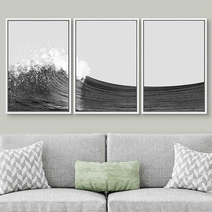 SIGNWIN 3 Piece Framed Canvas Wall Art Black and White Ocean Waves Nature Wilderness Illustrations Abstract Traditional Relax/Calm Home Artwork Decoration for Living Room,Bedroom - 16"x24"x3 White
