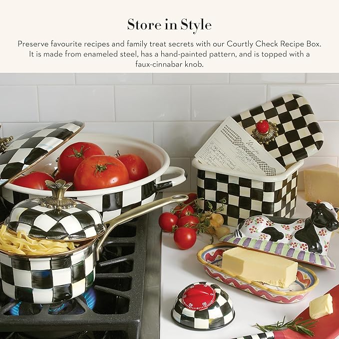 MACKENZIE-CHILDS Enamel Recipe Box, Cute Recipe-Card Box with Lid, Index-Card Holder for Kitchen, Black-and-White Courtly Check