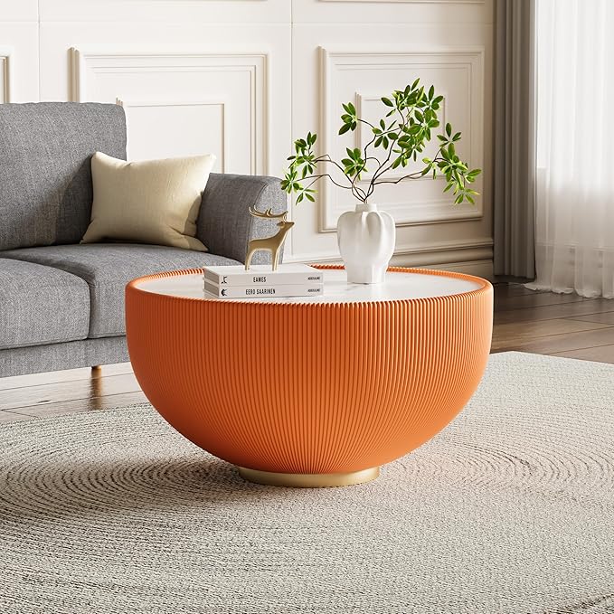 29.53" Round Coffee Table Luxury Cup Shape Leather Coffee Tables, Circle Sofa Couch Table PU Leather, Modern White Marble Top Drum Bowl Living Room Tables for Living Room Bedroom Apartment
