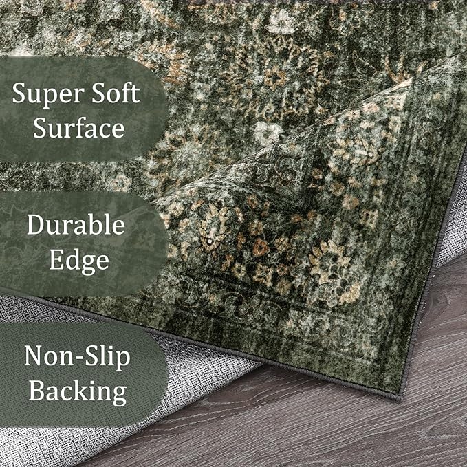 Morebes Vintage Large Rugs for Living Room, Washable 8x10 Area Rugs Non Slip,Soft Dark Green Rug for Bedroom,Distressed Non-Shedding Throw Rug for Entryway Kitchen Foyer Playroom