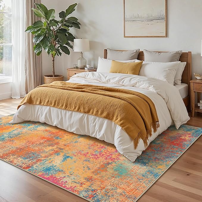GENIMO 8x10 Washable Area Rugs for Living Room Bedroom, Modern Abstract Low Pile Soft Non Slip Rug, Contemporary Indoor Floor Carpet Cover for Dining Room Kitchen, Coral Orange