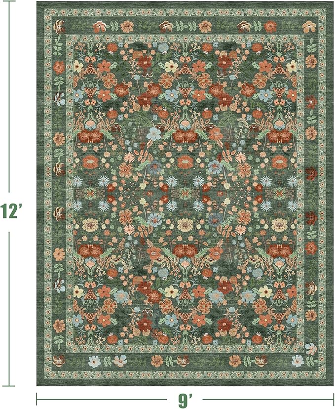 Deerly Green Floral Washable Area Rugs 9x12 for Living Room Large Vintage Boho Non-Slip Bedroom Carpet Soft Low Pile Thin Floor Mat Indoor for Dining Room Playroom Nursery Farmhouse, Green/Multi