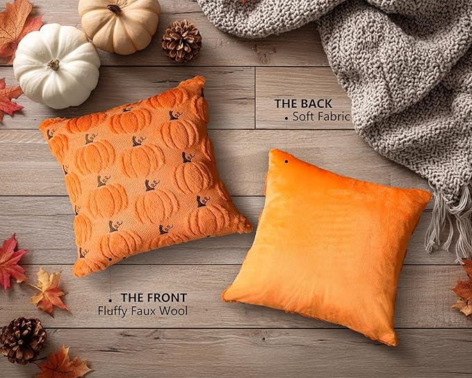 4TH Emotion Fall Pumpkin Decorative Pillow Covers 16x16 Set of 2, Orange Soft Plush Faux Fur Wool Farmhouse Throw Cushion Cases for Autumn Thanksgiving Holiday Home Decorations