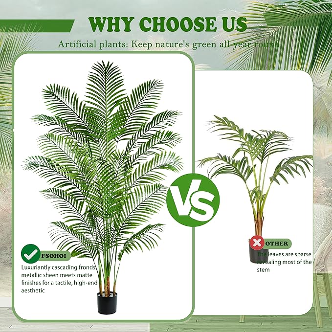 Artificial Palm Tree 7FT Artificia Plants Indoor Fake Trees Tropical Fake Plam Tree Floor Plant in White Pot with 18 Trunks & Real Bark Design Faux Palm Plant for Outdoor Home Room Decor