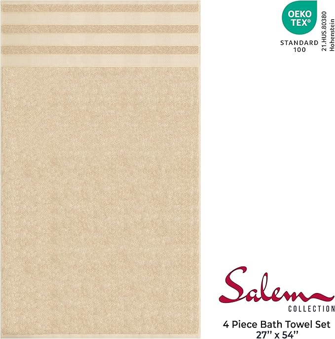 American Soft Linen Salem 100% Cotton Turkish 4 Piece Bath Towels for Bathroom, 600 GSM Soft Absorbent Quick Dry Bath Towel Set, Beige