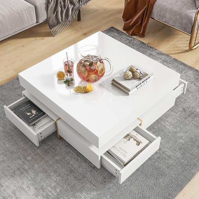 Modern Coffee Table with Storage, Contemporary Square Coffee Table with Drawers, High Gloss Modern Center Table for Living Room, Reception Room, Office, White, 31" D X 31" W X 11" H