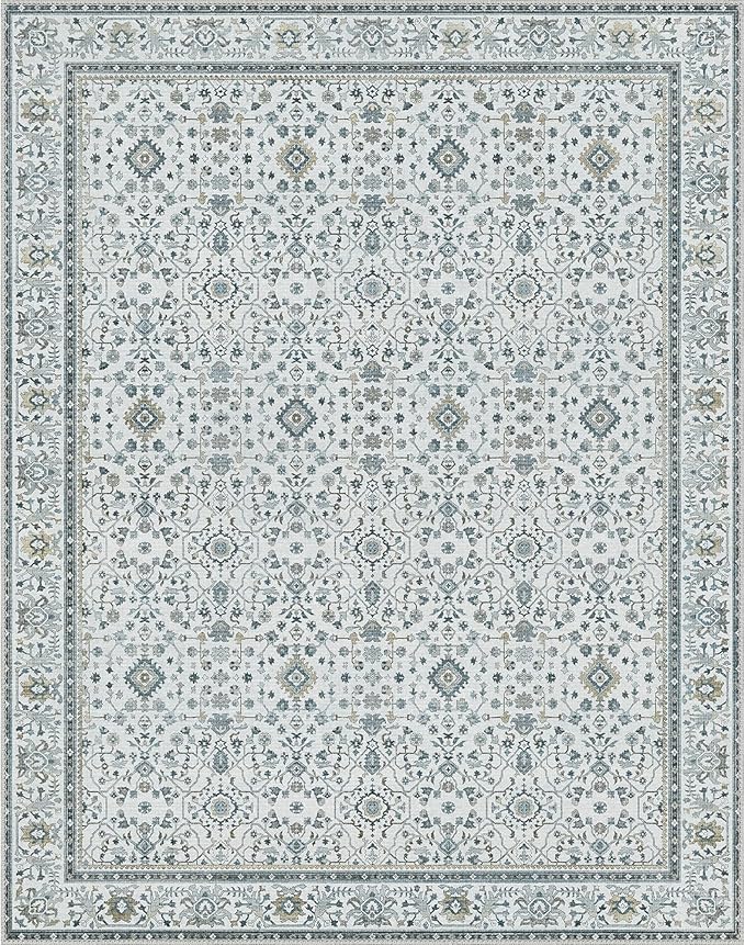 GENIMO Washable Area Rugs for Living Room Bedroom, 6x9 Boho Vintage Non Slip Rug, Low Pile Soft Floral Indoor Floor Carpet Cover for Dining Room Kitchen, Retro Gray Blue