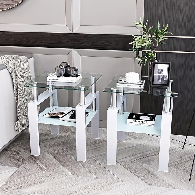 IANIYA 2PCS Modern Glass End Table, 2-Tier Side Table with Tempered Glass Top & Metal Legs, Night Stand Corner Table for Living Room, Bedroom, White