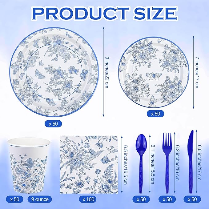 400 Pieces Blue and White Flower Disposable Party Tableware Sets Including Plates Cups Napkins Cutlery Serves 50 for Wedding Birthday Baby Shower Party Decorations