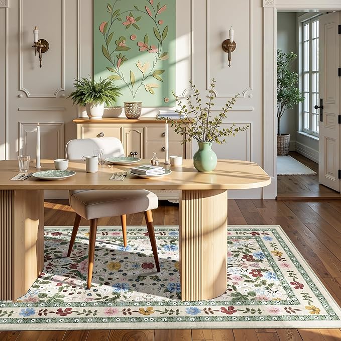 Floral Area Rugs 3x5 Small Thin Entryway Rug - Vintage Boho Washable Non-Slip Living Room Carpet Soft Low Pile Bedroom Floor Mat Indoor Home Decor for Dining Room Playroom Farmhouse, Beige/Green/Multi