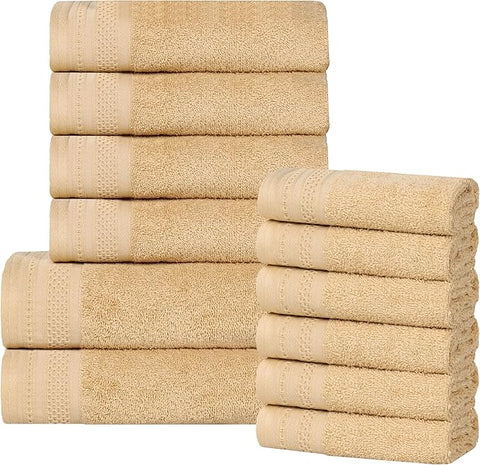 Superior Honeycomb 100% Cotton 500 GSM 12 Piece Bath Towel Set, 6 Washcloths, 4 Hand, 2 Bath Towels, Ideal for Bathroom, Kitchen or Beach, Quick Dry, Jacquard and Solid, Mid-Weight, Gold