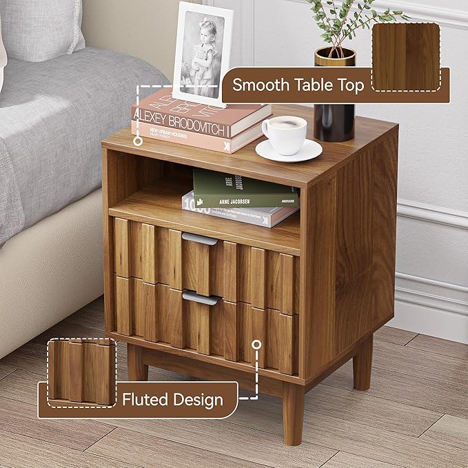 Fluted Nightstand with 2 Drawers, 19" Wide Night Stand with Solid Wood Legs, Open Storage Shelf, Mid Century Modern Wooden Bedside Table for Bedroom, Bed End Side Table, Walnut