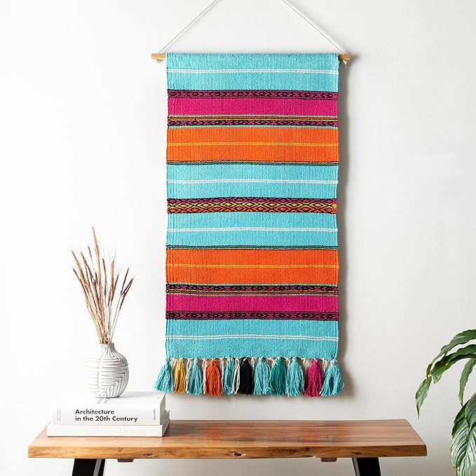 Mark&Day Wall Hanging, Westendorf Global Farmhouse Teal Tapestry Wall Hanging for Living Room, Bedroom, Office or Kitchen (36"H x 18"W)