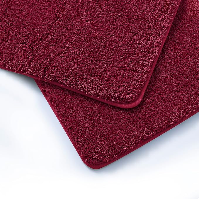 YHF Bathroom Rug Set 2 Piece, Extra Thick & Soft Microfiber Shaggy, Machine Washable Bath Mats, Absorbent Bath Rugs, Non-Slip Rubber Backing Bath Mat for Bathroom Floor, Tub and Shower, Burgundy