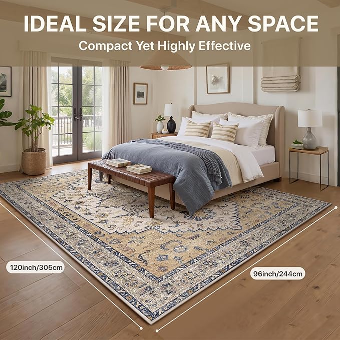 GENIMO 8X10 Area Rugs for Living Room, Machine Washable Vintage Floor Cover Foldable Modern Non Slip Rug， Low Pile Soft Indoor Carpet Floral Print Mat Rug,Bedroom/Dining Room/Home Office,Beige