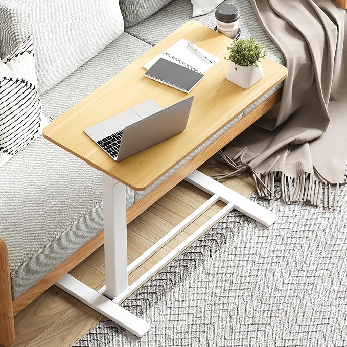 Medical Overbed Adjustable Bedside Table with Hidden Casters, Pneumatic Mobile Rolling Laptop Standing Desk with Tray for Home and Hospital Use, Maple