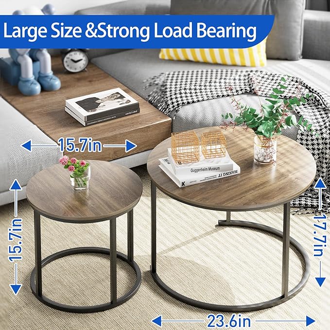 aboxoo Coffee Table Nesting Side Round Table Set of 2 End Table with Sturdy Metal Frame for Living Room Bedroom Apartment Modern Industrial Simple Nightstand,Oak
