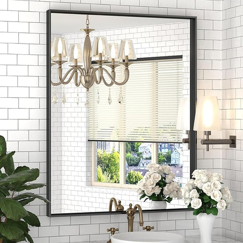 DENRICK 24X36 Wall Mounted Large Bathroom Mirror Black Bathroom Rectangular Vanity Mirror Matte Black Wall Mirror Metal Framed Farmhouse Mirrors Aluminum Frame Modern Rectangle Mirrors