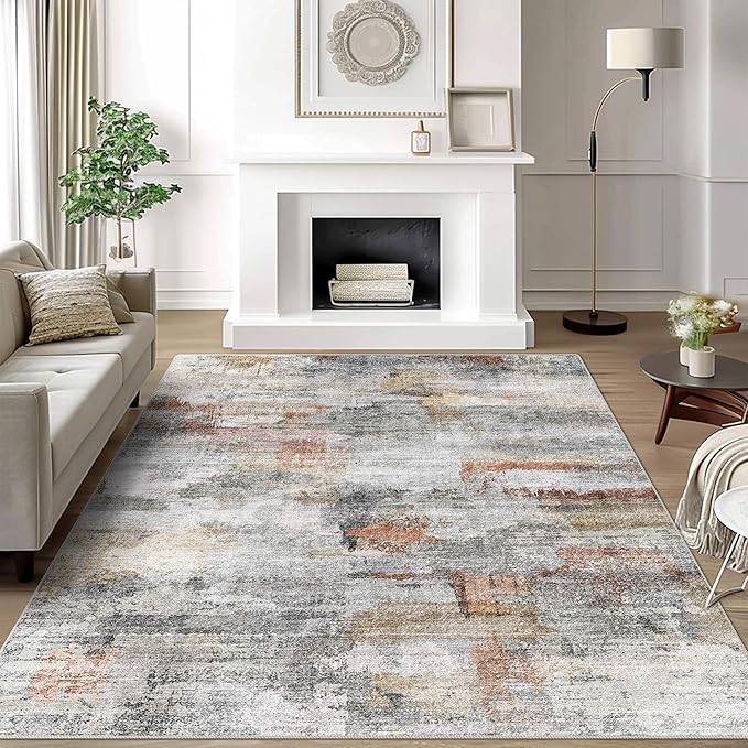 vivorug Washable Rug, Ultra Soft Area Rug 8x10, Non Slip Abstract Rug Carpet, Stain Resistant Rugs for Living Room Bedroom, Modern Fluffy Rug (Gray/Rust, 8'x10')