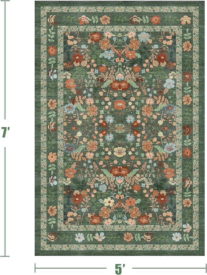Deerly Green Floral Area Rug 5x7 Vintage Boho Washable Non-Slip Living Room Carpet Soft Low Pile Thin Bedroom Floor Mat Indoor Home Decor for Dining Room Playroom Nursery Farmhouse, Green/Multi