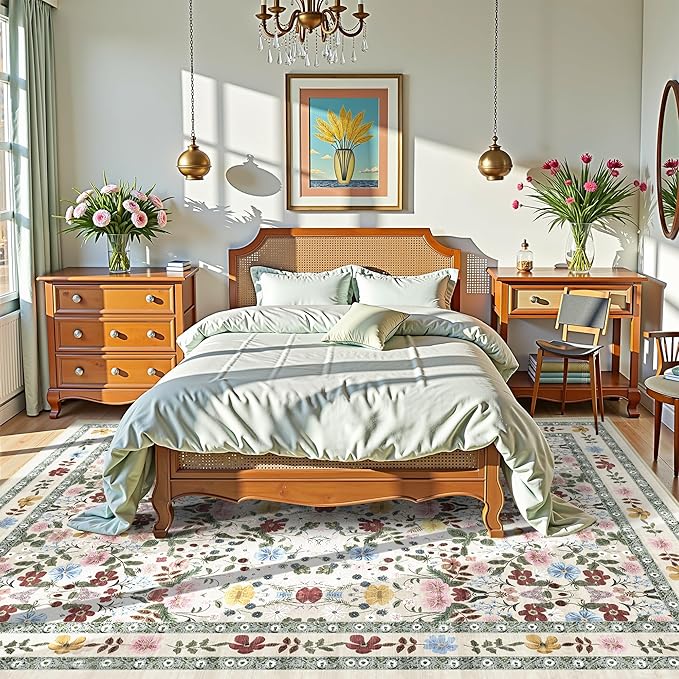 Deerly Boho Floral Rug 7x9 Vintage Colorful Washable Non-Slip Living Room Carpet Soft Low Pile Thin Bedroom Floor Mat Indoor for Dining Room Playroom Nursery Farmhouse, Beige/Green/Multi