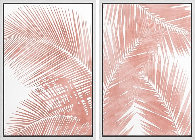 SIGNWIN Framed Canvas Print Wall Art Set Tropical Red Pastel Palm Leaf Plants Nature Wilderness Illustrations Modern Art Decorative Rustic Chic for Living Room, Bedroom, Office - 24"x36"x2 White