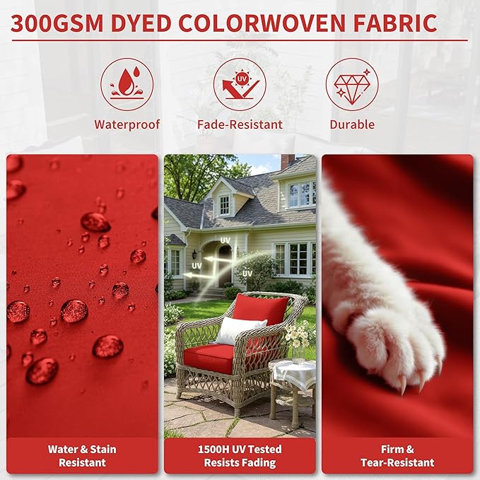 Premium Outdoor Seat Cushion Chair Cushions for Patio Furniture 22 L X 24 W X 4 H Waterproof & Fade Resistant Deep Seat and Backrest Cushion Set with Removable Covers for Chair, Sofa