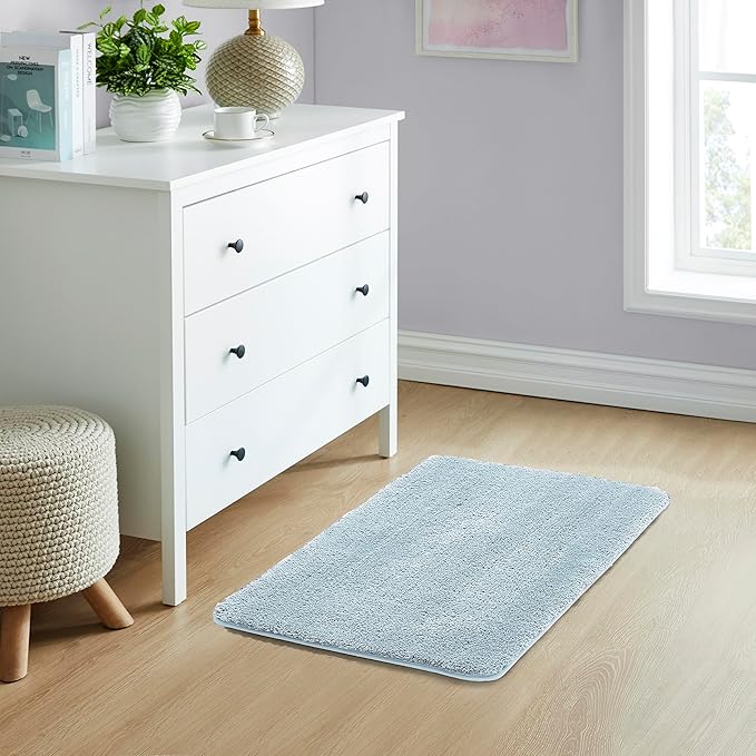 YHF Bathroom Rugs 20" X 32", Extra Thick & Soft Microfiber Shaggy, Machine Washable Bath Mats, Absorbent Bath Rugs, Non-Slip Rubber Backing Bath Mat for Bathroom Floor, Tub and Shower, Blue