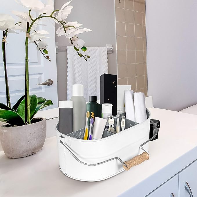 Alpha Living Home Rustic Galvanized Heavy Duty Metal Utensil Caddy – 4-Compartment Organizer with Removable Handle, White Farmhouse Chic Design for Kitchen, Picnics & Parties (White)
