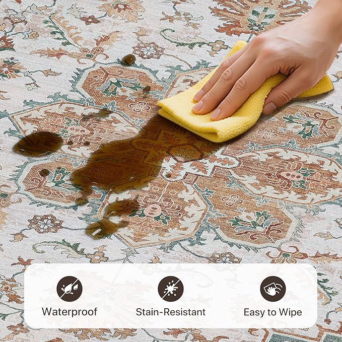 GENIMO 5X7 Area Rugs for Living Room, Machine Washable Vintage Floor Cover Foldable Modern Non Slip Rug, Low Pile Soft Indoor Carpet Floral Print Mat Rug,Bedroom/Dining Room/Home Office, Mint Green