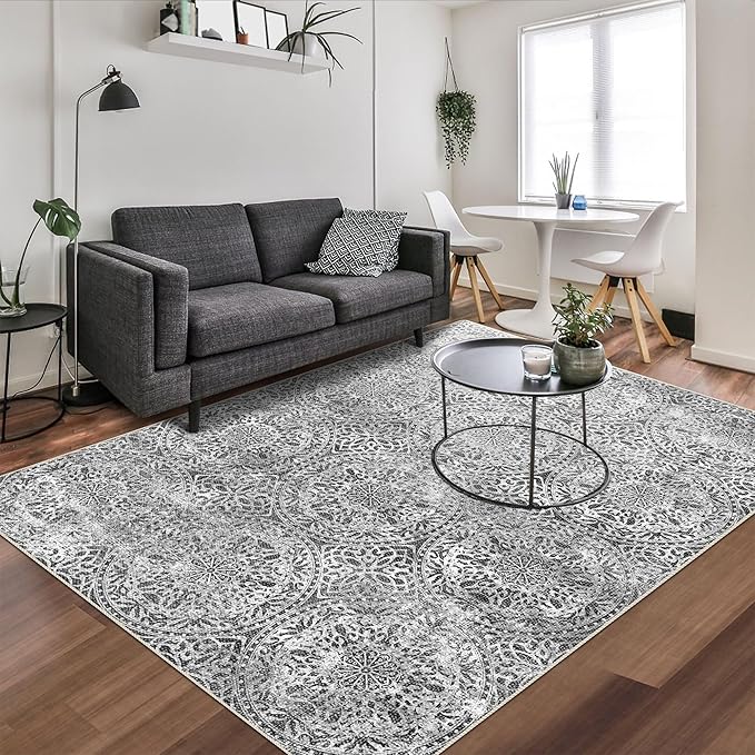 vivorug 5x7 Area Rugs - Ultra-Thin Washable Rug with Non-Slip Backing, Ideal for Living Room, Bedroom, Kitchen Floor Carpet - Vintage Medallion, Easy Clean, Durable, Grey