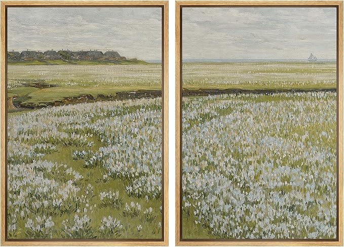 MUDECOR Framed Canvas Print Wall Art Fields of White Flowers Serene Nature for Home Decor Nature Wilderness Illustrations Realism Decorative for Living Room, Bedroom, Office - 16"x24"x2 Natural