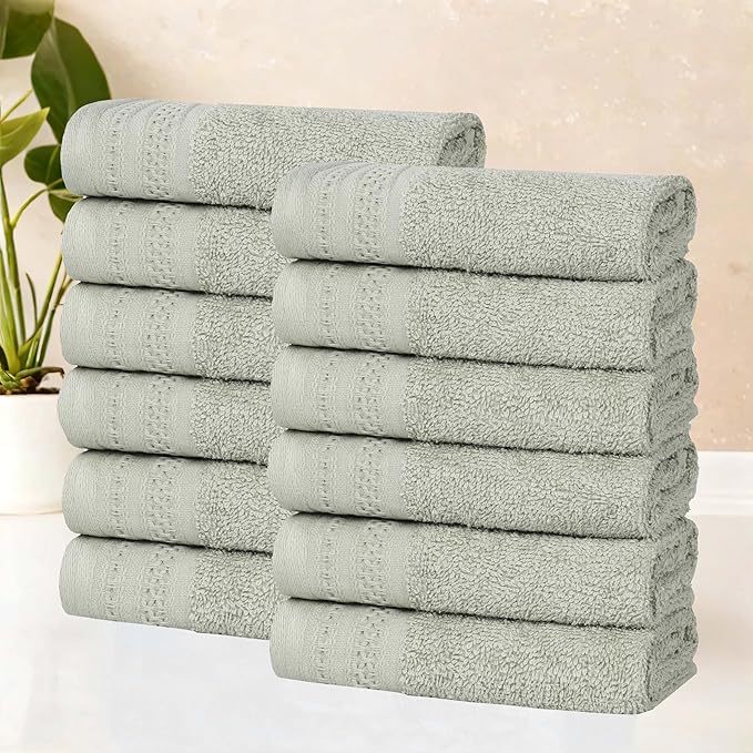Superior Honeycomb Cotton Medium Weight Towels, for Guest Bath, Master Bathroom, Shower, Quick Dry, Adults, Home Essentials, Textured Waffle Border, Assorted Towel Set, 12 Piece Face Towel Set, Sage