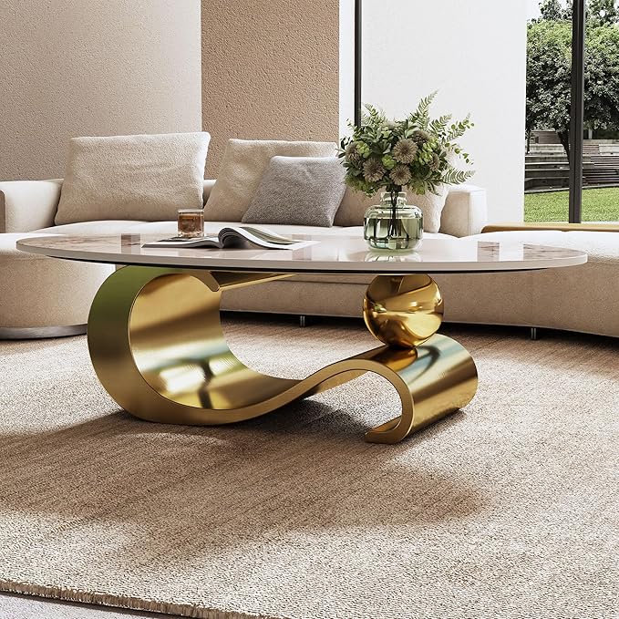 49.2" Oval Marble Coffee Table with Geometric Stainless Steel Base, Modern Sintered Stone Coffee Tables for Living Room, Luxury White Gold Cocktail Center Table Living Room Furniture for Home Decor