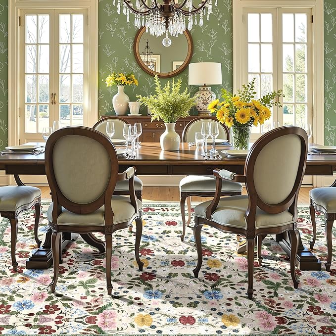 Deerly Large Floral Washable Area Rugs 9x12 for Living Room Vintage Boho Non-Slip Bedroom Carpet Soft Low Pile Thin Floor Mat Indoor for Dining Room Playroom Nursery Farmhouse, Beige/Green/Multi