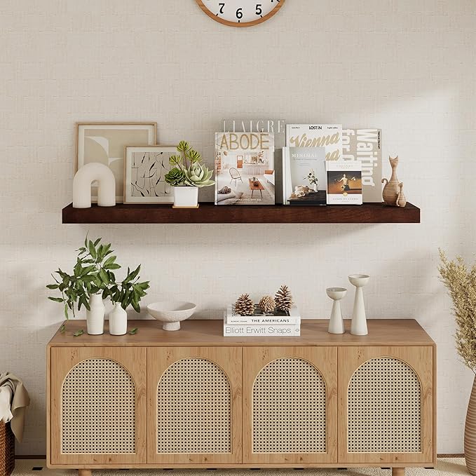 fuqing Floating Shelves for Wall - 48 Inch Natural Wood Shelves Set of 1-48W x 9.3D x 1.6H Wall Mounted Shelves with Upgraded Metal Brackets for Room Wall