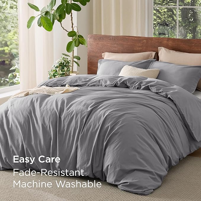 Bedsure 100% Washed Cotton Duvet Cover King Size - Gray Minimalist Cotton Duvet Cover Linen Like for All Seasons - GentleSoft™ Plain Simple Bedding, 3 Pieces (Gray, King, 104"x90")