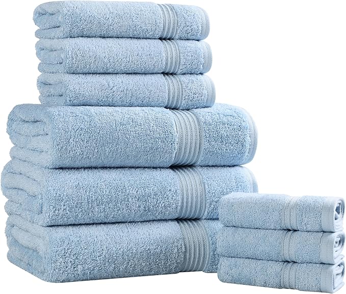 Superior Egyptian Cotton 9-Piece Towel Set, Assorted Towels for Home Bathroom, Guest Bath Decor Essentials, Includes 3 Bath, 3 Hand, 3 Face Towels/Washcloths, Quick Dry, Absorbent - Light Blue