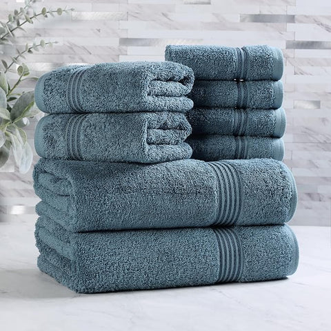 Superior Egyptian Cotton 8-Piece Towel Set, Assorted Towels for Home Bathroom, Guest Bath Decor Essentials, Includes 2 Bath, 4 Hand, 2 Face Towels/Washcloths, Quick Dry, Absorbent, Sapphire