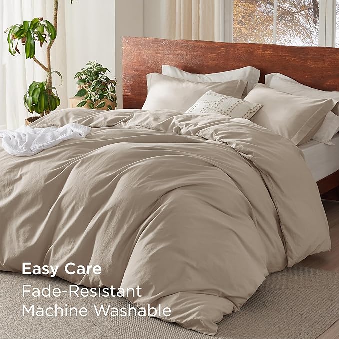 Bedsure 100% Washed Cotton Duvet Cover King Size - Greige Minimalist Cotton Duvet Cover Linen Like for All Seasons - GentleSoft™ Plain Simple Bedding, 3 Pieces (Greige, King, 104"x90")