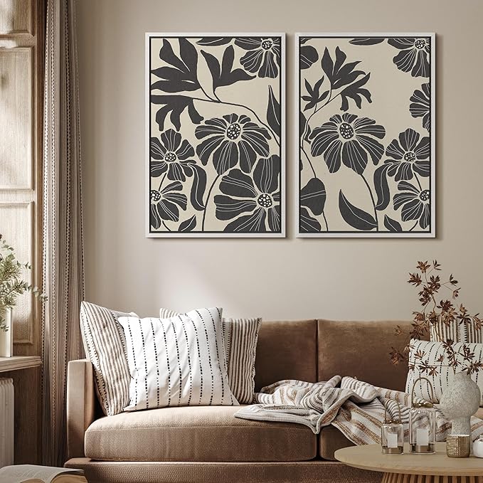 MUDECOR Framed Canvas Print Wall Art Monochrome Floral Botanical Black and White Illustrations Modern Art Decorative Bohemian Colorful Chic for Living Room, Bedroom, Office - 16"x24"x2 White