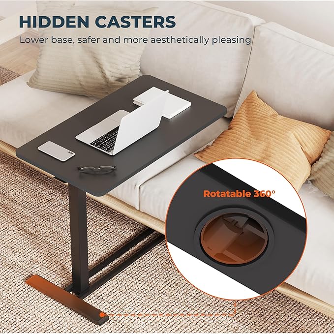 Medical Overbed Adjustable Bedside Table with Hidden Casters, Mobile Pneumatic Rolling Laptop Standing Desk with Tray for Home & Hospital Use, Black Tabletop + Black Edging