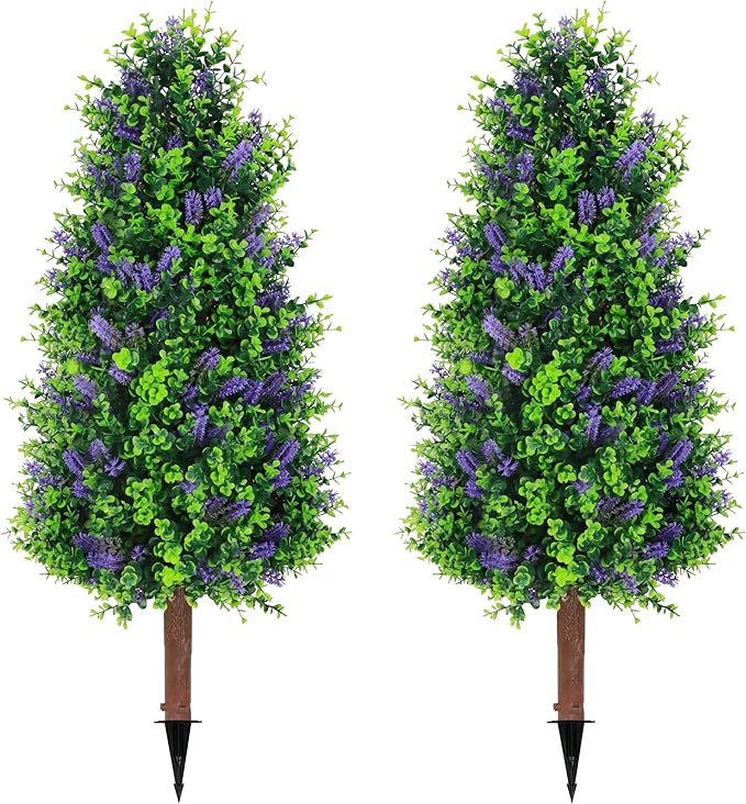 Sunnyglade 2 Packs 27.5" Artificial Lavender Tree, Fake Lavender Shrub Bushes Trees with Spike Faux Topiary Plants Tree for Indoor, Garden, Yard, Porch, Patio Decor