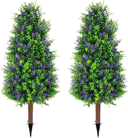 Sunnyglade 2 Packs 27.5" Artificial Lavender Tree, Fake Lavender Shrub Bushes Trees with Spike Faux Topiary Plants Tree for Indoor, Garden, Yard, Porch, Patio Decor