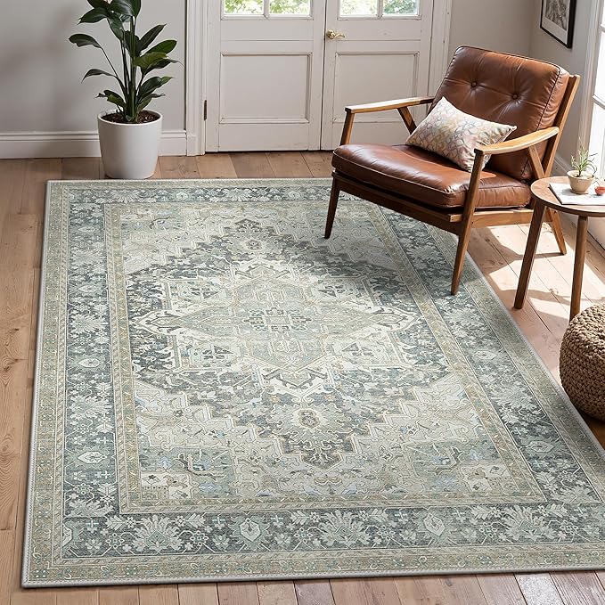 GENIMO 5X7 Area Rugs for Living Room, Machine Washable Vintage Floor Cover Foldable Modern Non Slip Rug, Low Pile Soft Indoor Carpet Floral Print Mat Rug,Bedroom/Dining Room/Home Office,Light Blue